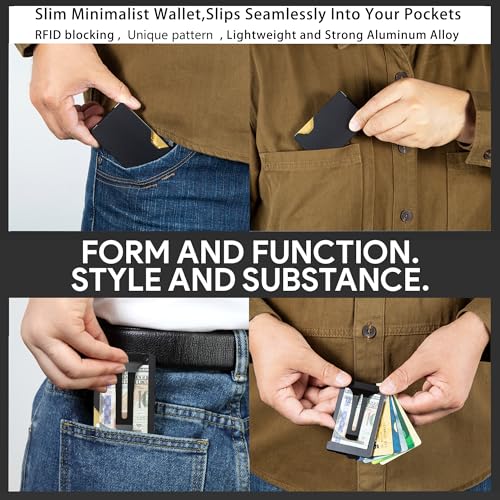 Image of Minimalist Carbon Fiber Wallet for Men, Money Clip Cash Strap Wallet, RFID Blocking Metal Wallet Aluminum Card Holder,Front Pocket Wallet(Matte Black)