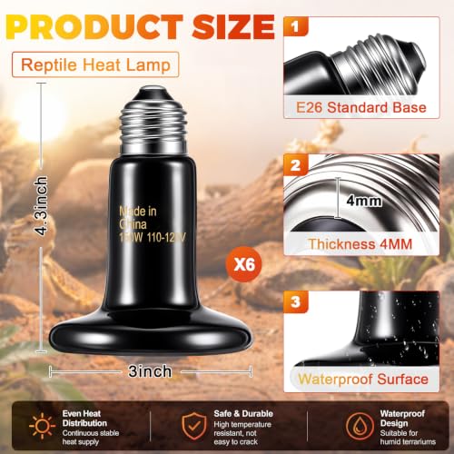 Image of 6 Pack 150W Ceramic Heat Emitter, No Light Reptile Heat Lamp Bulb for Bearded Dragon Tank, Chicken Brooder and Coop, E26 Ceramic Heater Bulb for Large Terrarium