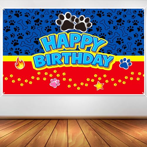 Dog Paw Happy Birthday Backdrop, 59.1x39.4in Cartoon Dog Themed Backdrop for Kids Boys Girls Party Decorations Baby Shower Supplies Photo Banner Props