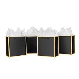 SHIPKEY 10 Pcs Black Gift Bags with Gold Frame and Tissue Paper, 8.7x3.9x7.1 Inches Luxury Kraft Paper Bags with Handles, Bulk Gift Bag for Men, Groomsmen, Party, Wedding (5 Senses, 22x10x18 cm)