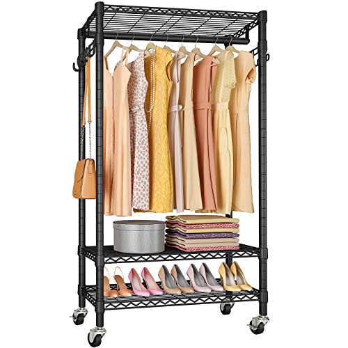 Vipek X1 Plus Rolling Clothing Rack Portable Garment Rack For Hanging Clothes, 3 Shelves Heavy Duty Wardrobe Closet With Wheels Hanging Rod Side Hook Freestanding Drying Rack For Laundry Room, Black #TOP22