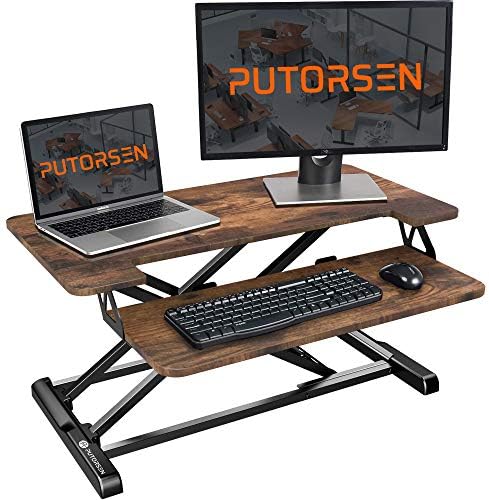 PUTORSEN Standing Desk Converter with Height Adjustable 32 inch Stand Up Desk, Ergonomic Sit Stand Dual Monitor and Laptop Riser Tabletop Workstation Rustic
