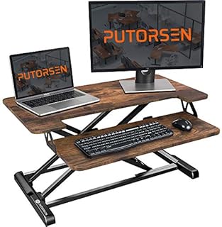 PUTORSEN Standing Desk Converter with Height Adjustable 32 inch Stand Up Desk, Ergonomic Sit Stand Dual Monitor and Laptop Riser Tabletop Workstation Rustic