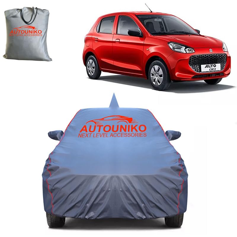Image of 100% Waterproof Triple Stiched Full Body Car Cover for Maruti Suzuki Alto K10 with Mirror and Antena Pocket with Soft Cotton Inside(Full Buttom Elastic)(Grey with Red Piping)