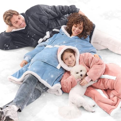 JOYWOO Oversized Wearable Blanket Hoodie,Cat lovers Long Hoodie Blanket for Adult,Birthday Gifts for Women Men Mom,Cozy Sherpa Sweatshirt Hooded Blanket Giant Pocket Winter Gifts,Denim blue Oversize