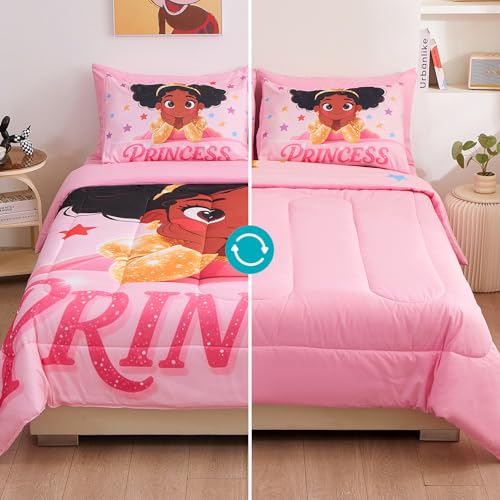 Image of Black Girl Princess Comforter Set for Girls,Pink Gradient Glitter 5pcs Kids Bedding Set Twin,Ultra Soft and Fluffy Bed in a Bag with Comforter Sheets Pillowcase & Sham