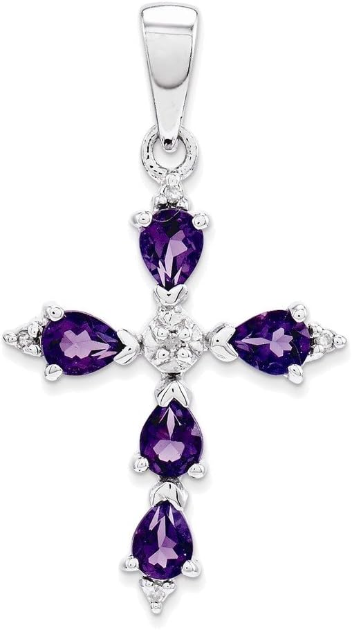 Sterling Silver Rhodium Pear Amethyst Cross Pendant