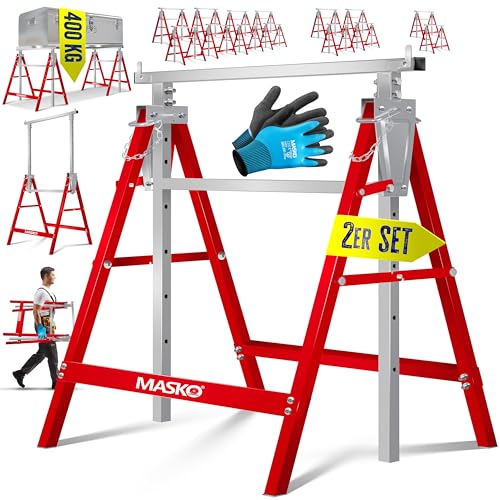 MASKO® Cavalletto da lavoro telescopico | Cavalletto pieghevole max. portata 200 kg | Regolabile in altezza min/max. altezza di lavoro 800 – 1300 mm | con guanti, Set di 2 - Argento/Rosso
