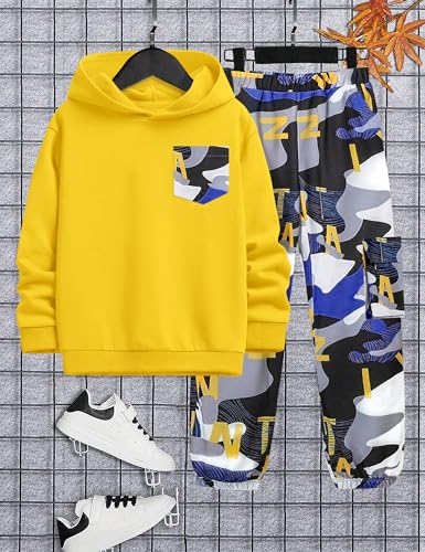 Image of KANGKANG Boys Clothes Two Piece Long Sleeve Hooded Sweatshirt Top Camouflage Sweatpants Fall Outfits Winter Clothes Set 6-16Y