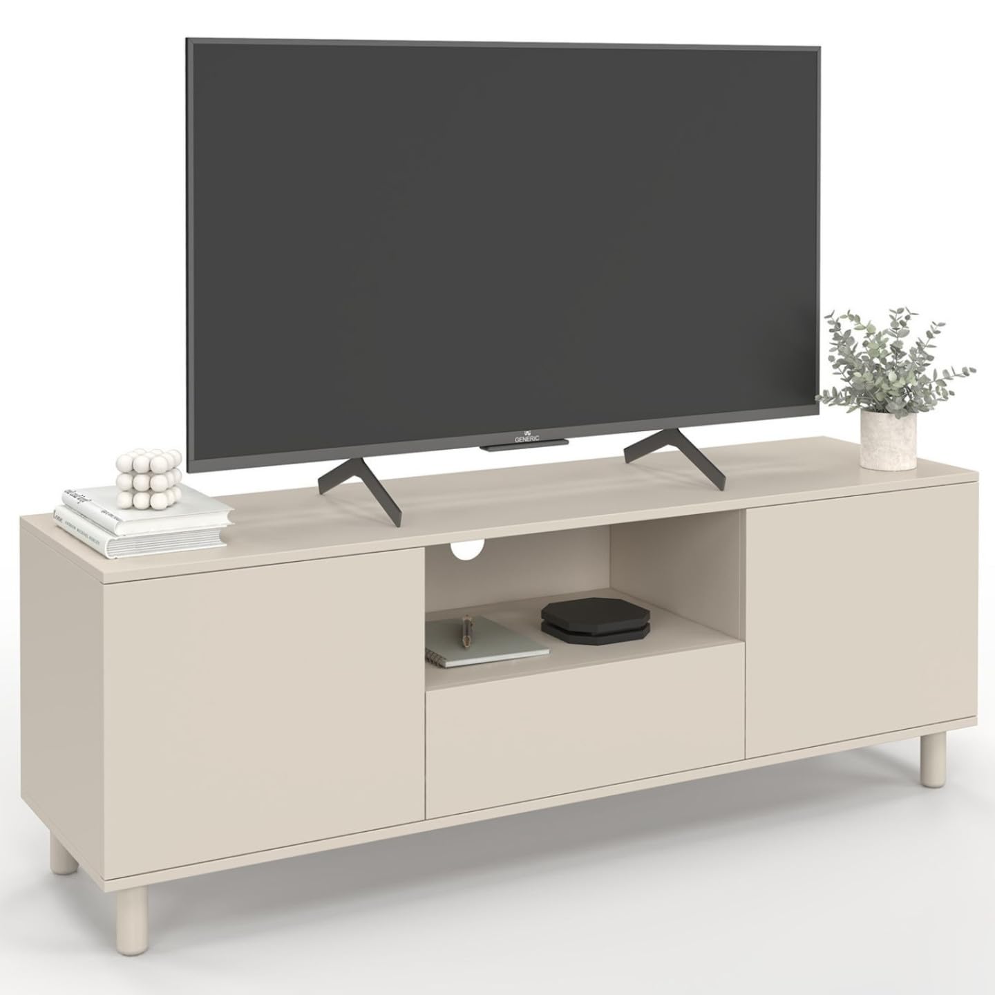 IDMarket - Meuble TV 140 cm BERTILLE 3 Portes Bois Beige
