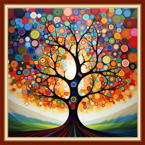Image of Funxvoot Stamped Cross Stitch Kits Beginners Full Range of Embroidery Kits for Adults 11CT Embroidery Patterns Needlepoint kits Printed Cross Stitch Kits - (Colorful Magic Tree 18x18 inchs)