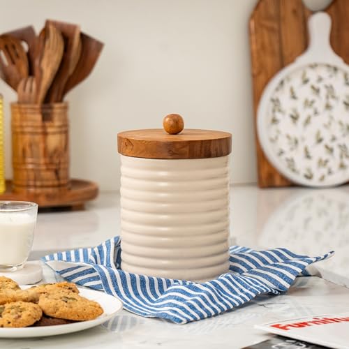 Image of Ecru Canister - Ceramic Storage Jar with Acacia Wood Lid - Ideal for Coffee, Sugar, Snacks & More (5x5x7.625 inches)