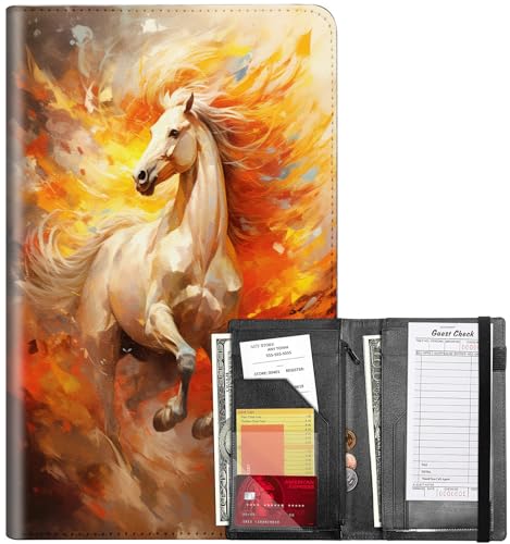 Server Books for Waitress, Waitress Book with Elastic Bandage Closure PU Leather Organizer with Zipper Money Pocket Fit Server Apron, Watercolor Horse