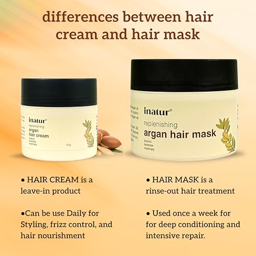 Image of inatur Argan Oil Hair Cream for Frizz Control | Natural & Vegan Styling Cream for Men & Women | Smoothens, Nourishes & Tames Dry Hair | Daily Use | 100g