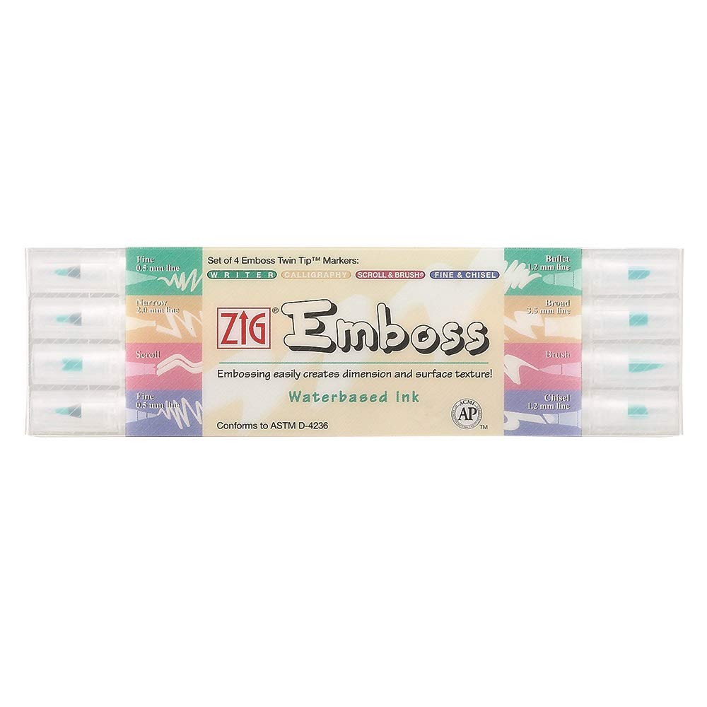 Zig Kuretake Emboss Water-Based Ink Pen Assortment Set - Set of 4, Twin Tip