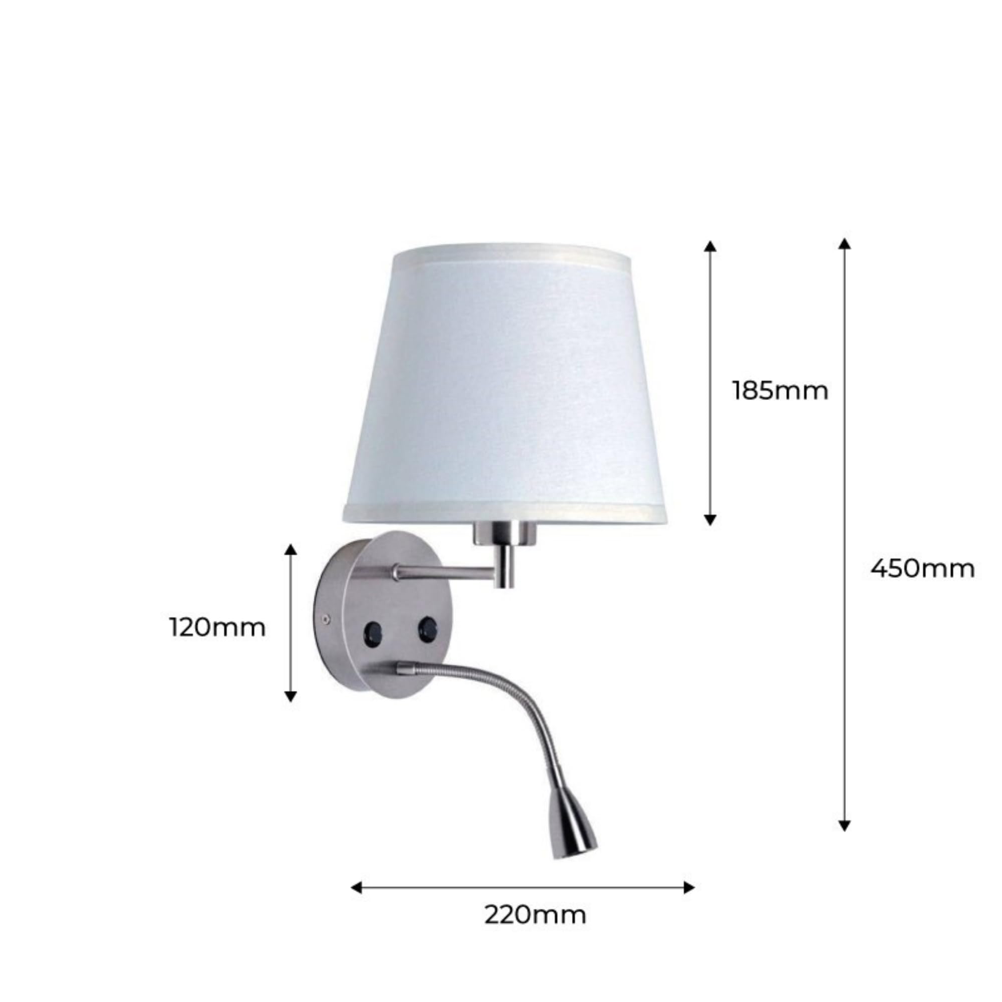 BarcelonaLed - Applique da parete E27 con faretto di lettura orientabile flessibile da 1 W, paralume in tessuto bianco, con 2 interruttore, per camera da letto, testiera del letto, comodino, salotto