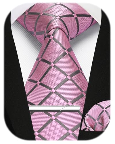 Image of Enlision Ties for Men Plaid Stripe Tie Handkerchief Woven Classic Formal Necktie Pocket Square Clip Set