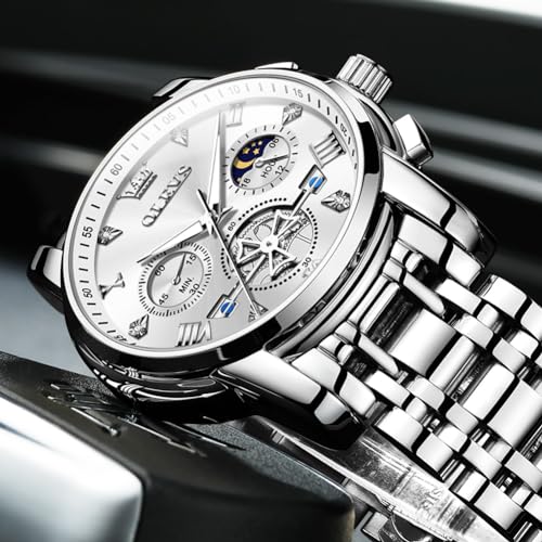 Image of OLEVS Mens Watches Luxury Diamond Calendar Stainless Steel Male Watches Business Dress Waterproof Luminous Fashion Watch for Men