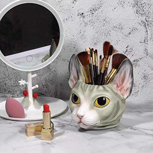 Cute Gray Sphynx Hairless Cat Desk Pen Pencil Holder Pen Cup Makeup Brush Holder Dressing Table Office Desk Organizer Storage Box Plant Pot