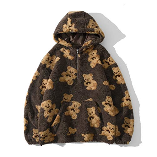 Cálido Puente de los Hombres Sudaderas con Capucha de Manga Larga Esponjoso Pullover Otoño-Invierno Teddy Fleece suéter Top con Cremallera de un Cuarto,Marrón,XXXL Cover