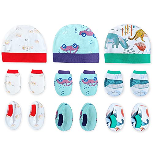 Buy ARKIDS Soft Cotton Newborn Baby caps Mittens and Socks Combo Set Mix Print Pack of 3 (Blue