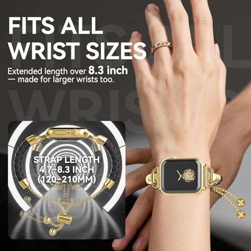 Image of Leather and Metal Band Compatible with Apple Watch Bands for Women,Adjustable Designer Cute Stylish Strap for iWatch Series11 /10 /9 /8 /7 /6 /5 /4 /3 /2 /1 /SE /Ultra