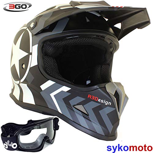 GRIS NIÑOS RAYAS ESTRELLA CASCO DE MOTO 3GO X15 SUPERCROSS DIRT PIT MINI PROTECCIÓN DE BICI CON GAFAS NEGRAS (2X-Small)