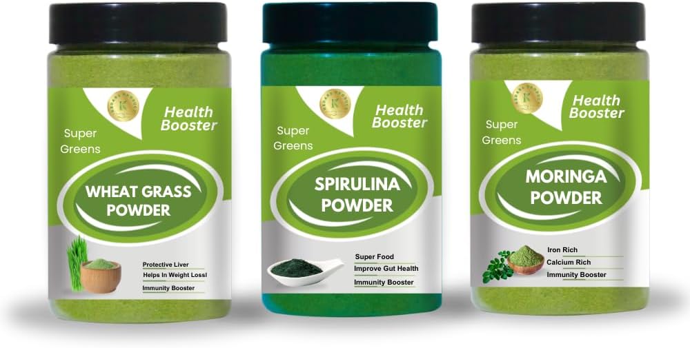 Super Smoothie Greens (Moringa, Wheat Grass & Spirulina Powder) 100g Each | 100% Pure & Natural | Superfood Blend | Rich In Protein & Chlorophyll | Boosts Immunity | Detox Support | Energy Booster | Supports Digestion | Nutrient Dense | Ayurvedic Wellness | No Preservatives