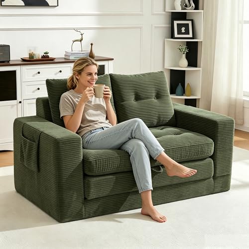 Sofá dos plazas verde extensible a sofá cama con bolsillos para dormitorio 4