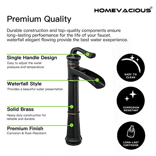 Bathroom Vessel Sink Faucet Antique Oil Rubbed Bronze Waterfall Tall Single Hole Farmhouse Black With Pop Up Drain Assembly One Handle Commercial Lavatory Without Overflow Supply Line Lead-Free #TOP6