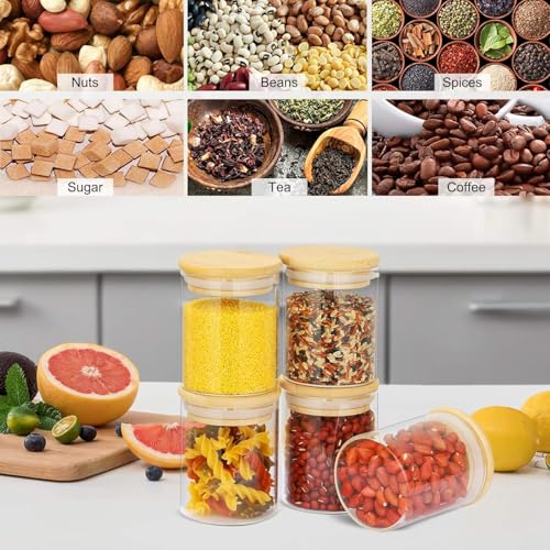 Image of MARTVIA Glass Food Storage Jars With Bamboo Lids 350Ml Set of 6,Wide Mouth Lid Jar For Home Kitchen,Flour,Sugar,Coffee,Pasta,Oats,Grains,Cookies,Snacks (Round,SET OF 6),Transparent