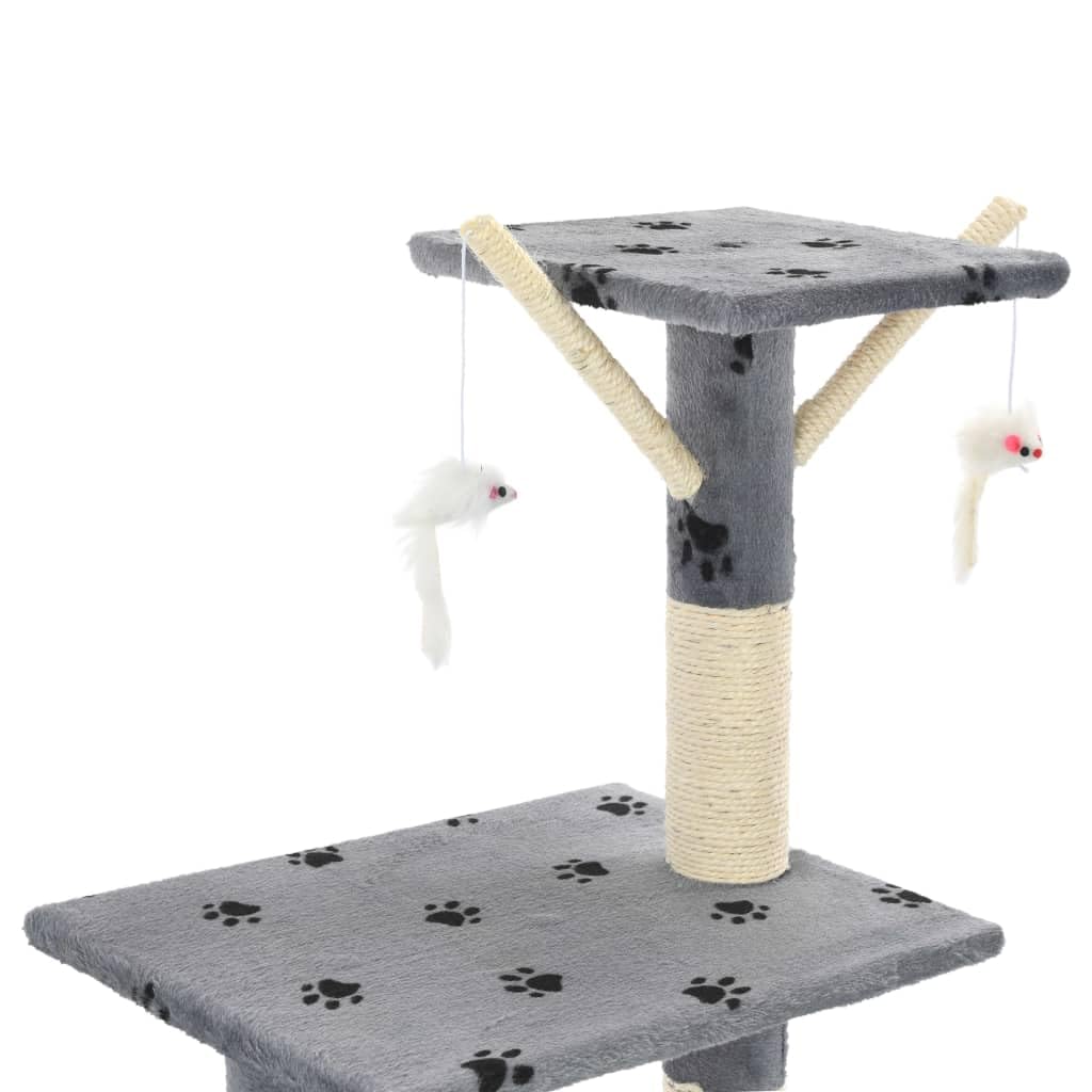 Katzen-Kratzbaum Sisal 138 cm Grau mit Pfoten-Aufdruck, Kratzmöbel mit Höhle, Liegefläche und Plattform, inklusive 3 Spielzeugen, ideal zum Klettern, Kratzen