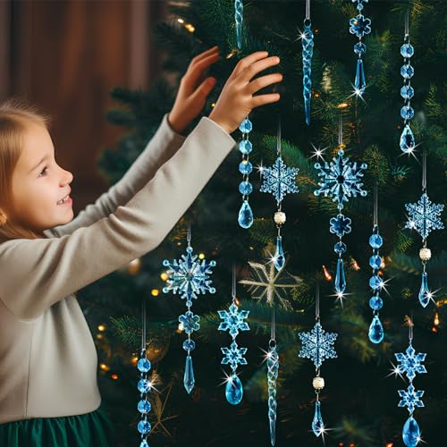 Image of 18pcs Crystal Christmas Ornaments for Christmas Tree Decorations-Blue Hanging Acrylic Snowflake and Icicle Ornaments with Drop Pendants for New Year Party Decorations Supplies