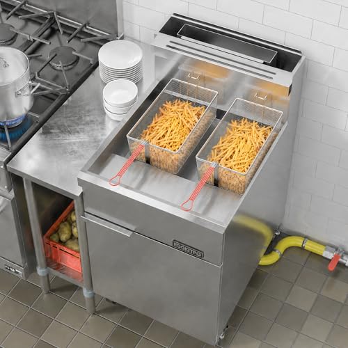 Image of EGGKITPO 5-Burner Commercial Natural Gas Fryer 70lbs Oil Capacity CSA Certified Stainless Steel Floor Deep Fryer with 2 Baskets Oil Drain Adjustable Temperature 150,000 Total BTU for Restaurant