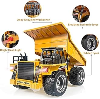HuiNa Remote Control Construction Dump Truck Toy 2.4Ghz Rc Truck 4 Channel Bulldozer Toy Loading Unloading Alloy Metal Vehicle Toy Truck 1:18 For Kids Gift,Birthday,Christmas,Children's Day,Yellow