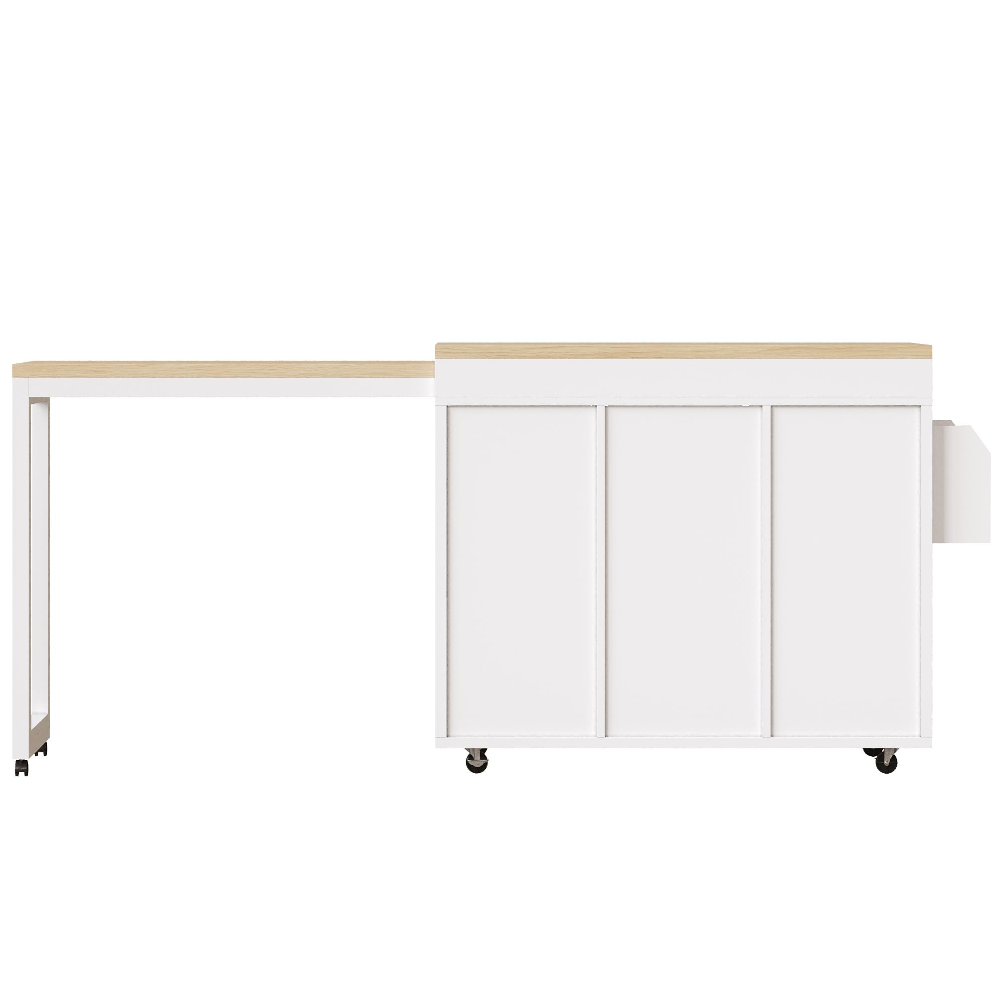 Mesa de bar extensible con organizador giratorio de 360°, estantes ajustables, ruedas y toallero, ideal para espacios pequeños, color blanco