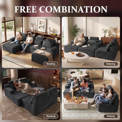 Image of Boneless Couch for Living Room, 113 inch Oversized U Shaped Modular Cloud Sofa with Deep Seat, 6 Seater Convertible Memory Foam Couches, No Assembly Plush Corduroy Sofa (Grey)