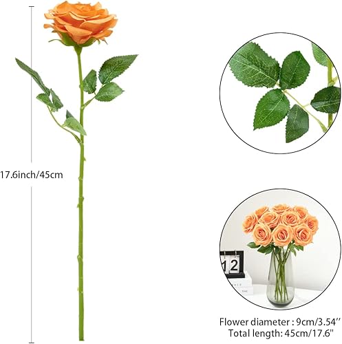 Miniatura 4 de IUKnot Ramo de rosas artificiales, 10 unidades, color naranja, tallos de rosas sintéticas para arreglos de boda, ramo de novia, centro de mesa,