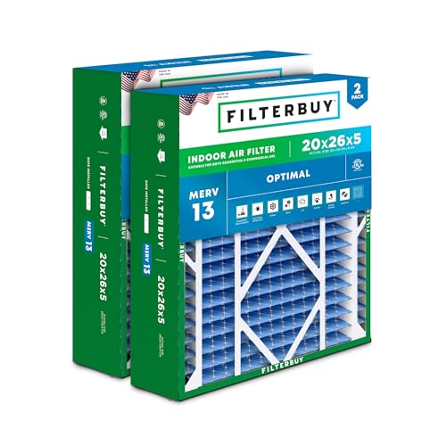 Filterbuy 20x26x5 Air Filter MERV 13 Optimal Smoke & Allergy Defense (2-Pack), Pleated HVAC AC Furnace Filters for Electro-Air, Lennox, White Rodgers, and More (Actual Size: 20.00 x 25.88 x 4.88)