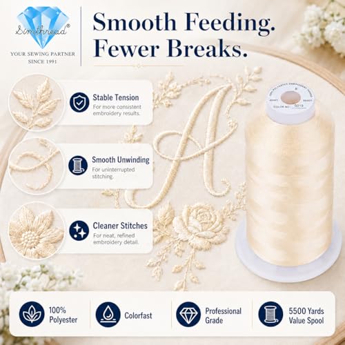 Image of Simthread 5000M 40WT Polyester Embroidery Thread, Macadamia S019 | 5000M 40WT polyester thread feeds smoothly for machine embroidery, monograms, logos, patches and quilting.