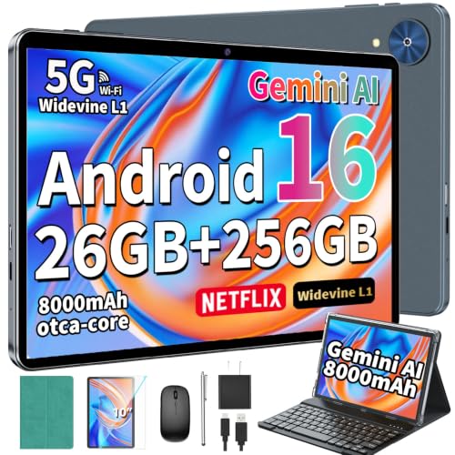 Image of Tablet, 10 Inch Android 16 Tablets with Keyboard, Gemini AI, 26GB+256GB+2TB