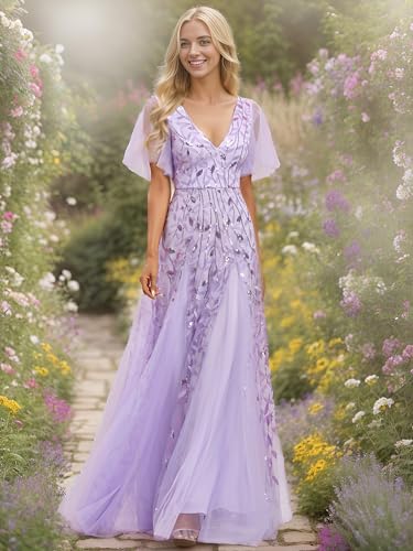 Image of Ever-Pretty Women's Sequin Formal Dresses Evening Gown Sparkly V-Neck Short Sleeve Floor Length Mother of The Bride Dress 736