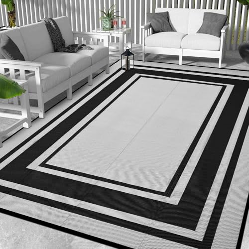 SatisInside Waterproof Outdoor Rug 5x8 Reversible Mats,Modern Area Rug, Large Floor Mat and Rug for Outdoors RV,Patio, Beach,Camping,Backyard, Deck,Picnic, Black & White