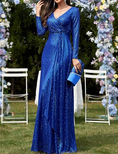 Image of Long Sleeve Sequin Dress For Women Formal Gowns Sparkly V Neck Maxi Dress