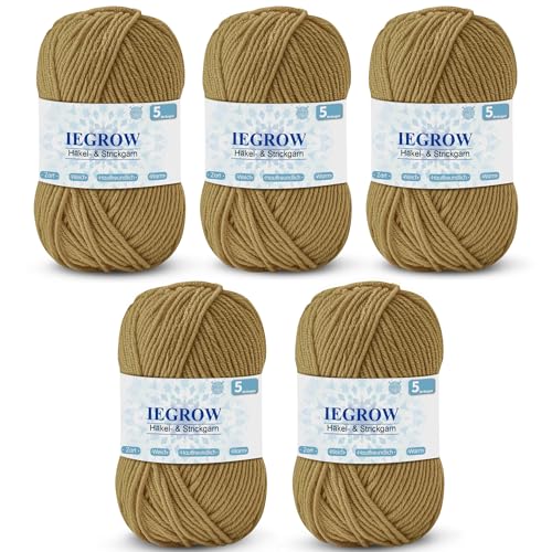 Filato per lavoro a maglia, 250 g, filato acrilico per lavorare a maglia, per principianti, adatto per lavorare a maglia, all'uncinetto e ad uncinetto, morbido e confortevole (5 x 50 g) kaki