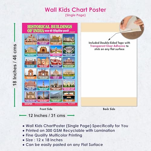 Image of ESCAPER Historical Buildings of India Educational Charts for Kids Learning (11.5 x 17.5 inches), Study Material, Learning Books, Posters