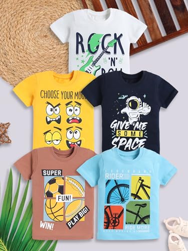 Image of Amazon Brand - Jam & Honey Boys Cotton Graphic Printed Half Sleeves T-Shirt | Regular Fit | Soft & Breathable (Available in Pack of 3 & Pack of 5) (2 to 8 Years)