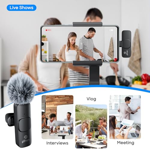 Image of pTron KWM-1 Omnidirectional Type C Wireless Microphone w /DSP Noise Cancellation, Plug & Play, 25m Wireless Range, Lapel Wireless Collar Mic for Video Recording, Supports Type C Android, iPhone(Black)