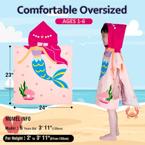 Image of growell Hooded Kids Beach Towels - Toddler Bath Towel Girls Boys Swim Cover-ups for Ages 1 to 6 Kids Pool Towels Quick Dry Lightweight Soft Microfiber Poncho Towel 24x23(Mermaid Pink)