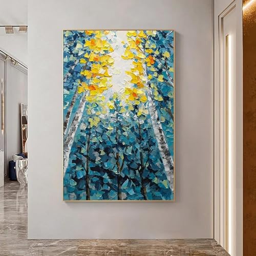 Peinture murale arbre jaune et bleu en grande toile pour décoration intérieure de salon chic